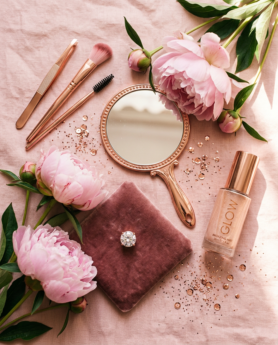Rose gold beauty tools, peonies, and a tooth gem on blush linen